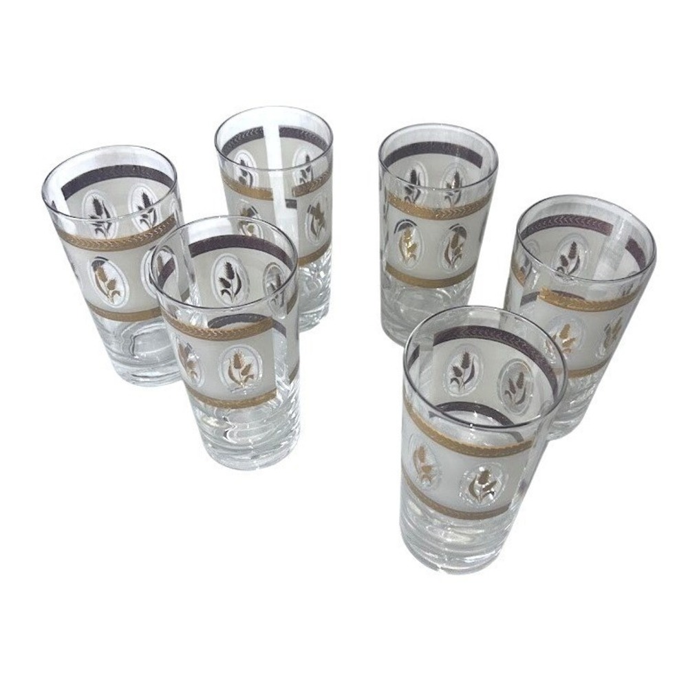Vintage Libbey Golden Wheat Frosted‎ Highball Glasses Gold Trim Set of 6 MCM
